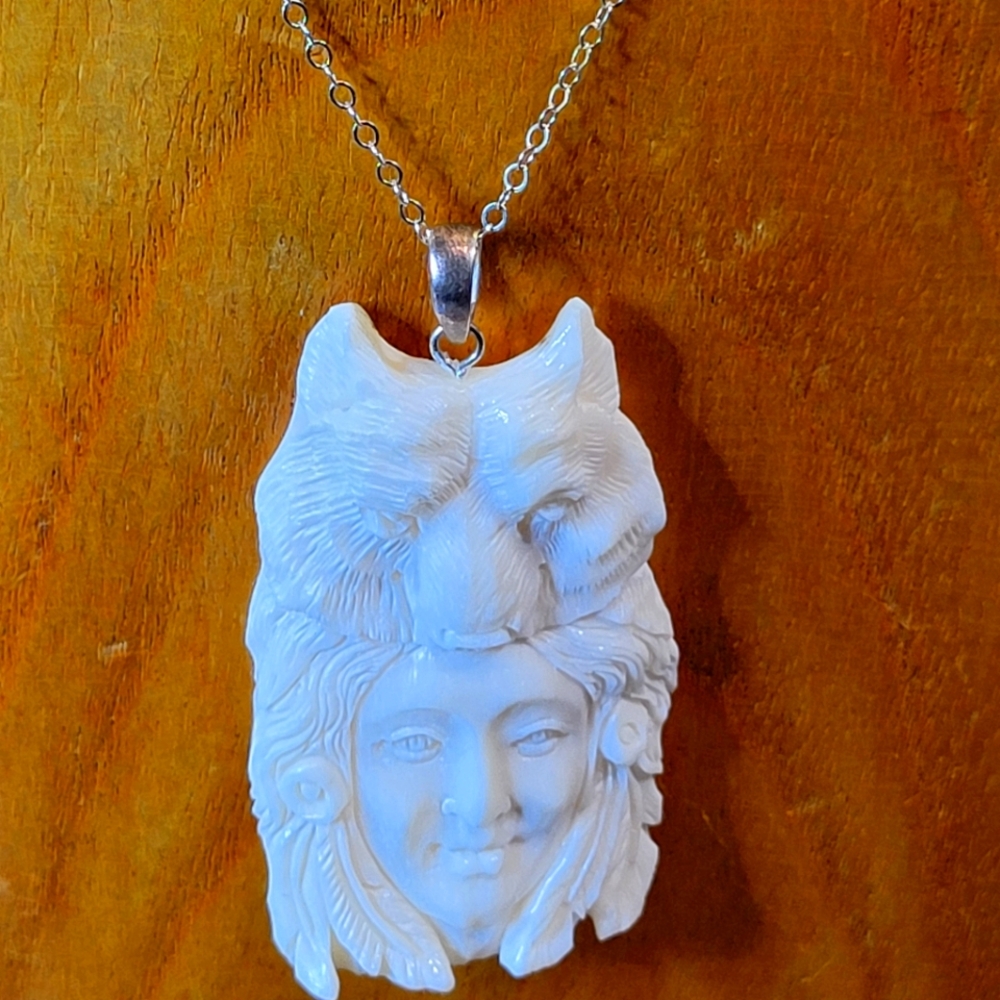 Hand Carved Bovine Bone Wolf Goddess Pendant with 925 Sterling Silver 16"
